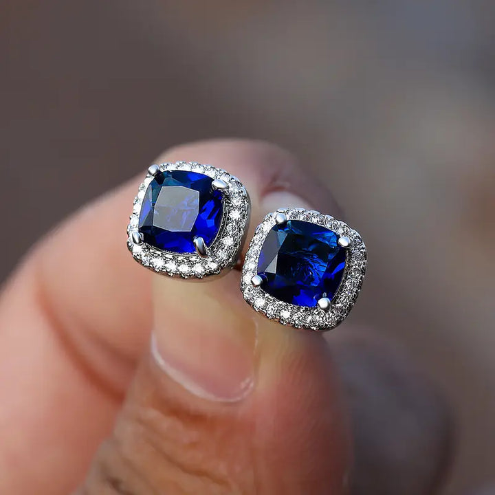 Sapphire Square Stud Earrings | White Gold